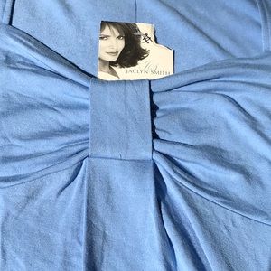 NWT Jacklyn Smith JS Blue SS Princess Neckline Gathered Front Knit Blouse L